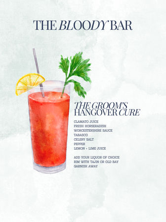 Watercolor Bloody Mary illustration with lemon wedge and celery under a 'The Bloody Bar' header — printable wedding cocktail sign titled 'The Groom's Hangover Cure' listing ingredients and simple instructions.