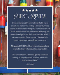 Navy framed client review graphic with five stars and a testimonial praising a coastal Maine book-club event kit, over a background of weathered wood and colorful lobster buoys.