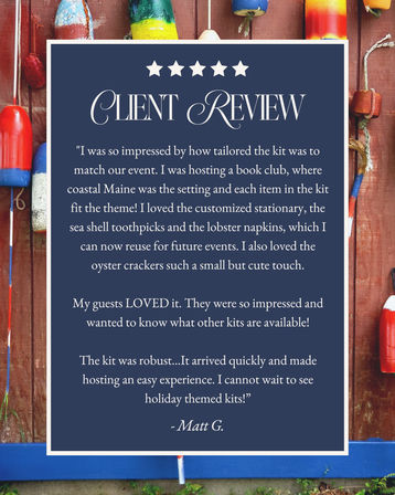 Navy framed client review graphic with five stars and a testimonial praising a coastal Maine book-club event kit, over a background of weathered wood and colorful lobster buoys.