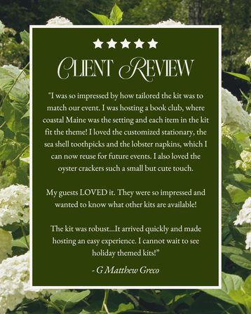 Five-star client review graphic on a dark green panel over white hydrangea foliage, praising a coastal Maine book-club event kit with customized stationery, seashell toothpicks, lobster napkins and oyster crackers; guests loved it.