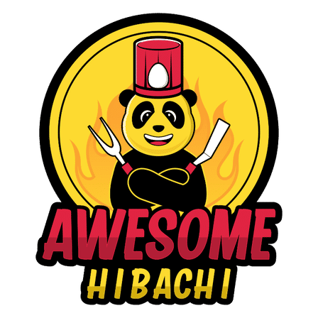 Cartoon panda hibachi chef logo with a red chef hat, crossed grilling fork and spatula, yellow flame-filled circular background and bold red and yellow headline text below