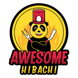 Playful hibachi restaurant logo featuring a smiling panda chef in a red hat holding a grill fork and spatula crossed, set against a circular yellow flame background with bold text.