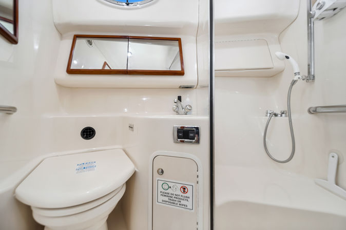 Compact yacht bathroom (marine head) with white toilet, built-in sink and mirrored cabinet, handheld shower, grab bars and round porthole.