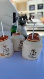 Four fresh coconut drinks topped with dried citrus slices and straws on a table during a sunny Cabo boat outing, bottle and floral centerpiece blurred in the background.