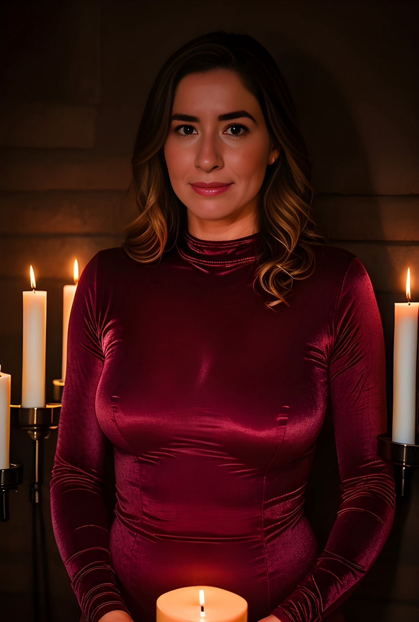 Candlelit portrait of a woman in a burgundy velvet dress holding a lit pillar candle, surrounded by tall white candles in a dim, cozy indoor setting with warm, moody lighting.