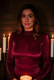 Candlelit portrait of a woman in a burgundy velvet dress holding a lit pillar candle, surrounded by tall white candles in a dim, cozy indoor setting with warm, moody lighting.