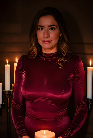 Candlelit portrait of a woman in a burgundy velvet dress holding a lit pillar candle, surrounded by tall white candles in a dim, cozy indoor setting with warm, moody lighting.