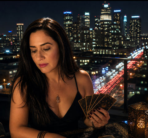 Tarot reading on a rooftop balcony at night — woman holding fanned tarot cards beside a lit lantern, crystal pendant visible, with a glittering downtown skyline and streaks of car lights in the background.