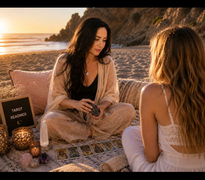 Sunset beach tarot reading — a reader shuffles tarot cards on a blanket with crystals and candles while a client listens on the sand near rocky coastal cliffs