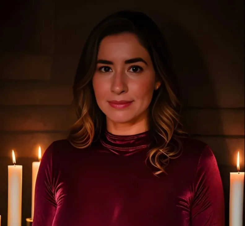 Candlelit indoor portrait of a woman in a burgundy velvet top, warm soft light from tall white candles against a dark wooden background.