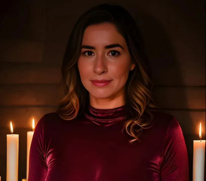 Candlelit indoor portrait of a woman in a burgundy velvet top, warm soft light from tall white candles against a dark wooden background.