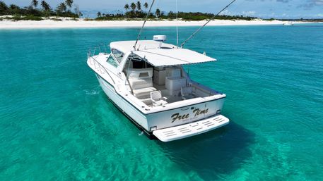 Sleek white motorboat floating in crystal-clear turquoise Bahamas waters off a white sandy beach lined with palm trees under a bright blue sky