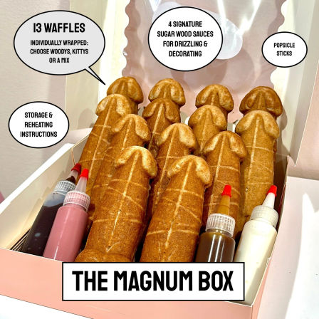 Pink gift box of 13 novelty phallic-shaped waffle pops with four squeeze sauce bottles for drizzling and a label reading "The Magnum Box"