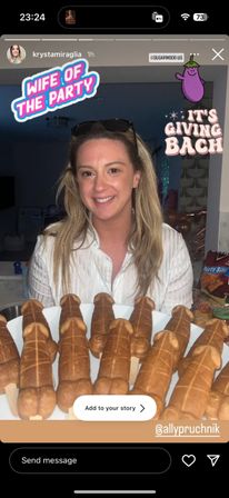 Person smiling in a kitchen holding a plate of novelty phallic-shaped waffle pops on sticks, Instagram story stickers read “Wife of the Party” and “It’s Giving Bach” — bachelorette party dessert