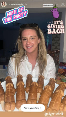 Smiling party guest holding a plate of novelty penis-shaped pastries at a bachelorette party, Instagram story stickers saying “WIFE OF THE PARTY” and “IT'S GIVING BACH”.