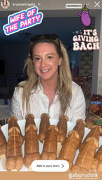 Smiling woman holding a plate of novelty penis-shaped cake pops on sticks at a bachelorette party, with playful Instagram stickers reading “Wife of the Party” and “It’s Giving Bach.”