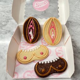 Box of novelty sugar cookies on a marble countertop: two oval vanilla and chocolate cookies iced to resemble vulvas with pink and white details, and two chest-shaped cookies decorated as stylized breasts with pearl and dot icing, presented in a bakery box.