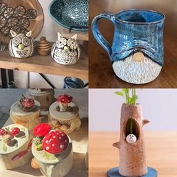 Handmade artisan ceramic decor collage: owl figurines on a shelf, a blue gnome-beard mug, red-spotted mushroom trinket boxes, and a mini tree-trunk planter with a tiny bird and seedling.