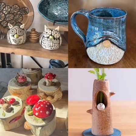 Handmade artisan ceramic decor collage: owl figurines on a shelf, a blue gnome-beard mug, red-spotted mushroom trinket boxes, and a mini tree-trunk planter with a tiny bird and seedling.