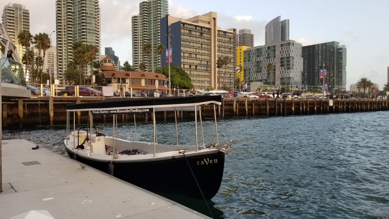 Covered tour boat moored at a city waterfront dock, with palm trees, parked cars and modern high-rise buildings lining the harbor under a soft evening sky.