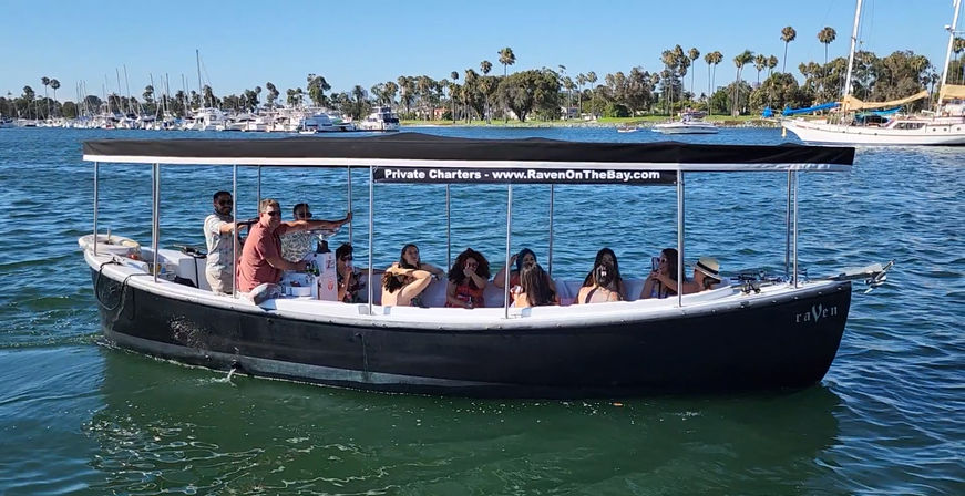 Black covered charter boat carrying a group on a sunny, palm-lined bay with sailboats and a marina in the background.