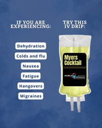 Yellow Myers Cocktail IV drip illustration recommending IV therapy for dehydration, colds and flu, nausea, fatigue, hangovers, and migraines.