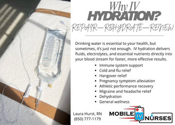 Sunlit treatment bed with an IV saline bag and tubing beside a promotional flyer for IV hydration therapy listing benefits like immune support, cold/flu and hangover relief, migraine and pregnancy symptom relief, athletic recovery, dehydration treatment and general wellness.