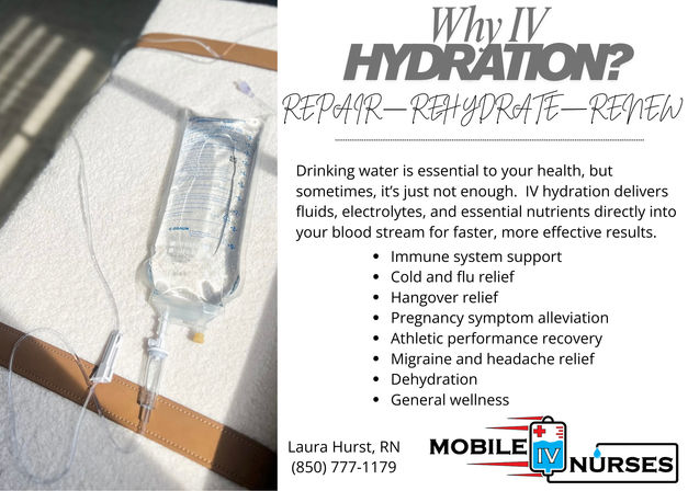 Sunlit treatment bed with an IV saline bag and tubing beside a promotional flyer for IV hydration therapy listing benefits like immune support, cold/flu and hangover relief, migraine and pregnancy symptom relief, athletic recovery, dehydration treatment and general wellness.
