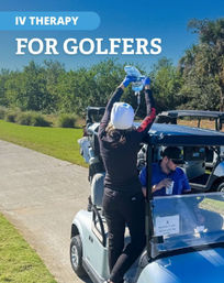 Mobile IV therapy for golfers on a sunny golf course: a person standing in a golf cart holds an IV bag above a seated golfer sipping a drink, with fairway and trees in the background.