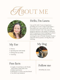 Stylish 'About Me' bio page with a large decorative header, circular portrait of a smiling woman against greenery, right-side bio about an experienced nurse offering mobile IV hydration and based in Florida, lower panels listing favorites, a circular photo of her dog, fun facts, and a social media handle.