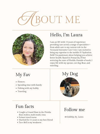 Stylish 'About Me' bio page with a large decorative header, circular portrait of a smiling woman against greenery, right-side bio about an experienced nurse offering mobile IV hydration and based in Florida, lower panels listing favorites, a circular photo of her dog, fun facts, and a social media handle.