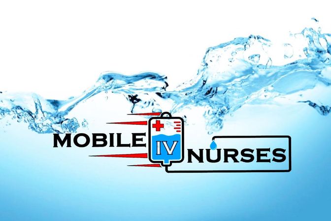 Splashy blue background with a bold medical logo: stylized IV bag labeled 'IV' and a droplet beside the words 'Mobile Nurses', evoking mobile IV therapy and on-demand hydration services.