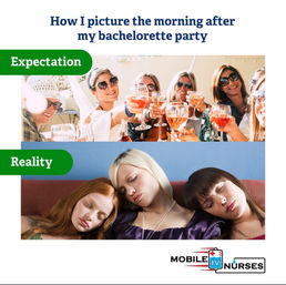 Split-image meme: 'Expectation' shows smiling women toasting rosé outdoors at a bachelorette party; 'Reality' shows three women asleep on a couch, hungover the morning after.