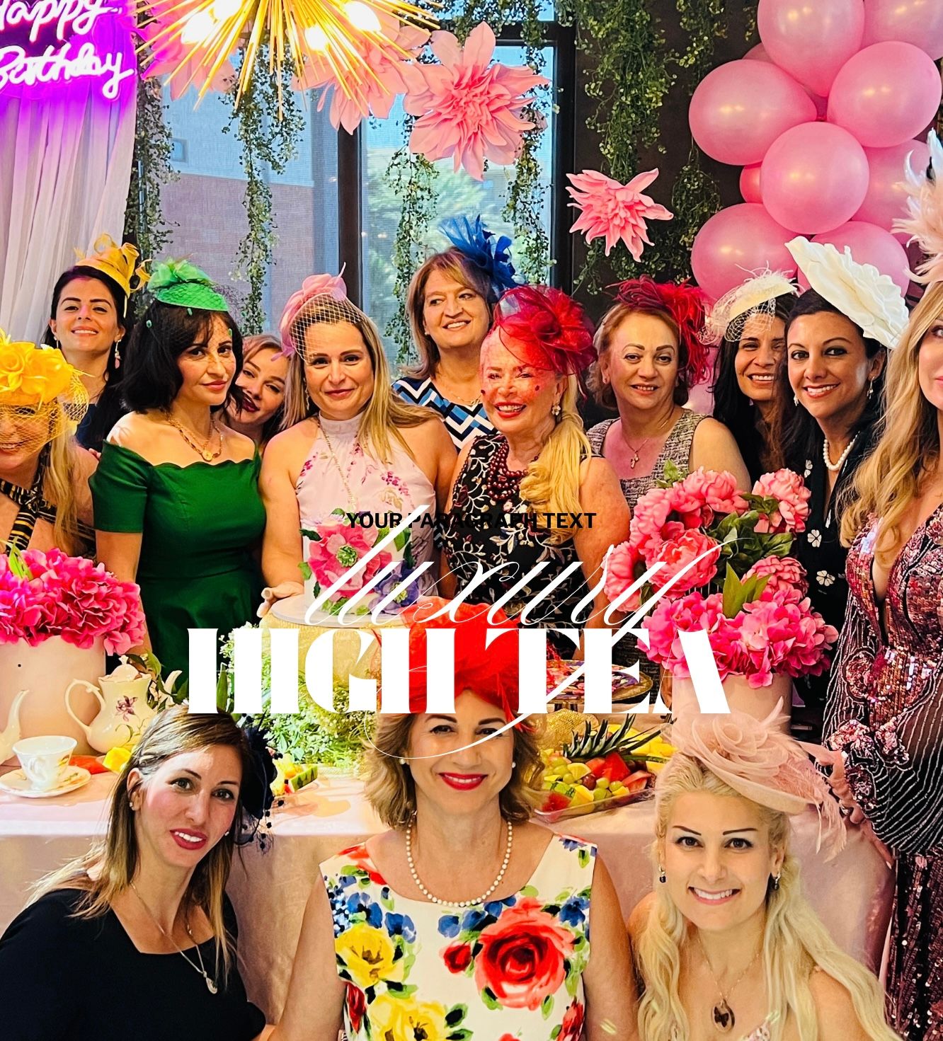 Smiling women wearing colorful fascinators at an indoor birthday high tea with pink balloons, floral centerpieces and a tea spread.