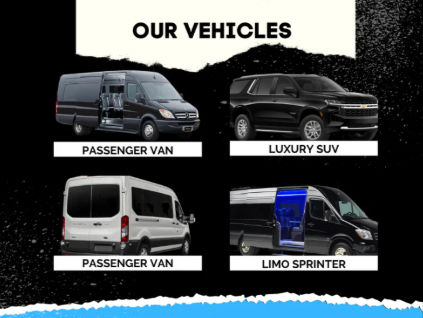 Promotional fleet image labeled "Our Vehicles" showing two passenger vans, a black luxury SUV, and a black limo sprinter with blue-lit interior on a textured black background.
