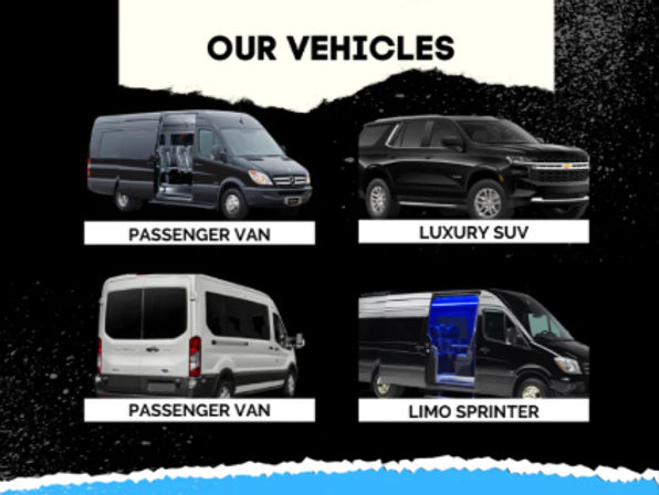 Promotional fleet image labeled "Our Vehicles" showing two passenger vans, a black luxury SUV, and a black limo sprinter with blue-lit interior on a textured black background.
