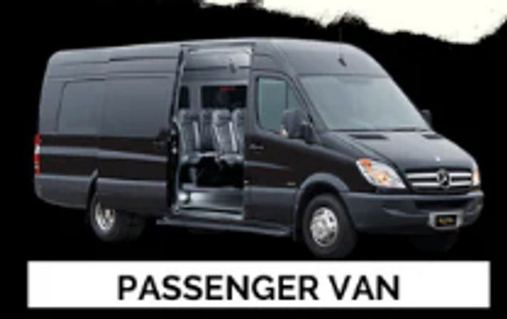 Black passenger van with sliding side door open revealing interior seats — commercial shuttle ready for group transport on black background