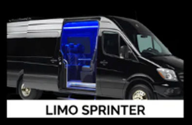 Black luxury Sprinter limo van side view with open sliding door revealing blue LED-lit passenger seats — modern airport shuttle/party transport