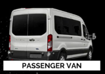 White passenger van rear three-quarter view on black background with bold "PASSENGER VAN" label
