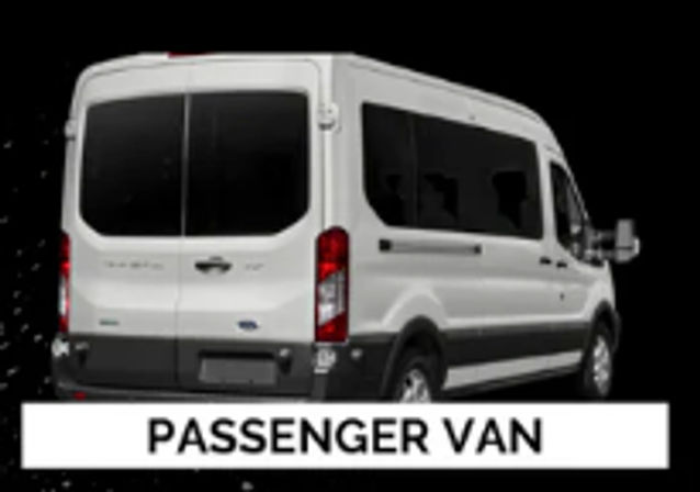 White passenger van rear three-quarter view on black background with bold "PASSENGER VAN" label