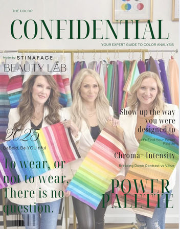 Magazine-style photo of three smiling women in a color studio holding vibrant rainbow fabric swatches in front of a rack of colorful garments, showcasing personal color analysis and style palettes.