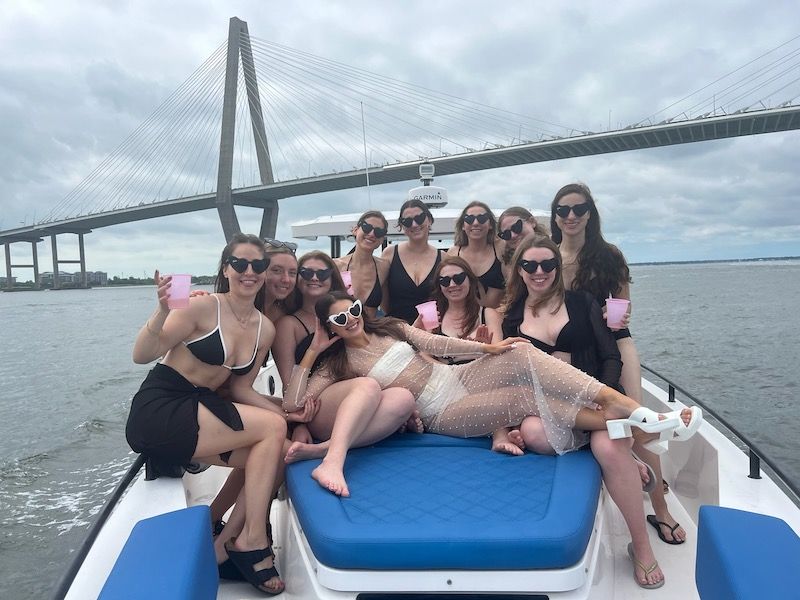 Group of women in swimsuits enjoying a boat party with pink cups on a blue deck, cruising under a cable-stayed bridge over a cloudy coastal harbor.