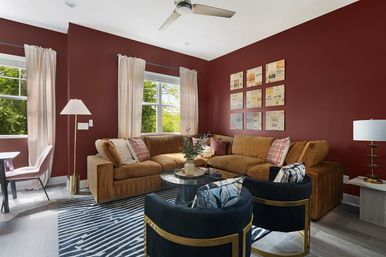 Cozy modern living room with deep burgundy walls, caramel sectional sofa, zebra-striped rug, black-and-gold accent chairs, marble coffee table, sheer curtains and leafy window view.