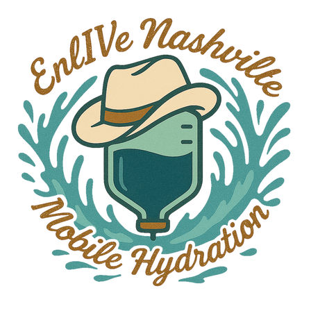 Nashville-themed logo-style illustration of an IV hydration bag wearing a cowboy hat, centered in teal water splashes with curved gold script text around it.