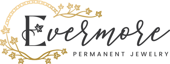 Stylish jewelry logo: black cursive wordmark framed by a decorative gold ivy wreath with small uppercase tagline "PERMANENT JEWELRY" — elegant gold-and-black branding.