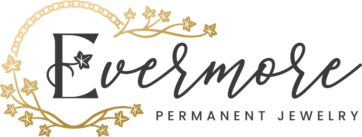 Stylish jewelry logo: black cursive wordmark framed by a decorative gold ivy wreath with small uppercase tagline "PERMANENT JEWELRY" — elegant gold-and-black branding.