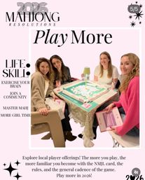 Four women smiling around a pastel mahjong table with tiles, scorecards and drinks; pink “Play More” 2026 resolution graphic promoting local mahjong game nights and community.