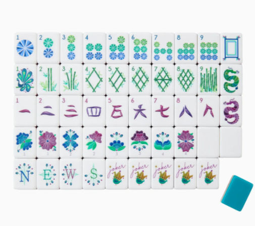 Playful pastel floral mahjong tile set arranged in rows on a white background — white tiles decorated with teal, blue and purple circle, bamboo and character suits, flower tiles, 'NEWS' letter tiles, jokers, and a single teal scoring tile.