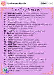 Playful pink Mahjong A-to-Z glossary infographic with decorative orange border — alphabetical list of Mahjong terms and short definitions for beginners and players.