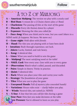 Playful pink Mahjong A-to-Z glossary infographic with decorative orange border — alphabetical list of Mahjong terms and short definitions for beginners and players.